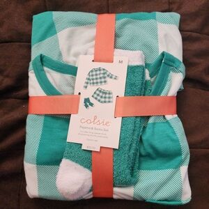 Colsie pajama & socks set green & white plaid long sleeve shorts